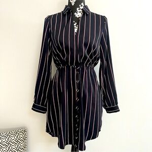 LUSH Navy Pinstripe Shirt Dress Size Small Long Sleeve V-neck Academia NWT